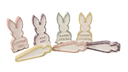 CP Easter Decor - Small Carved Wood Pastel Carrots & Bunny Rabbits 7pc Set