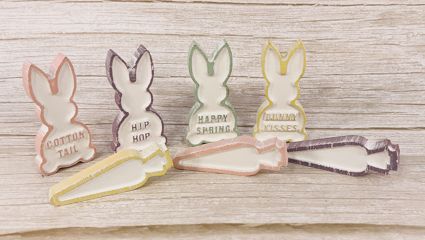 CP Easter Decor - Small Carved Wood Pastel Carrots & Bunny Rabbits 7pc Set