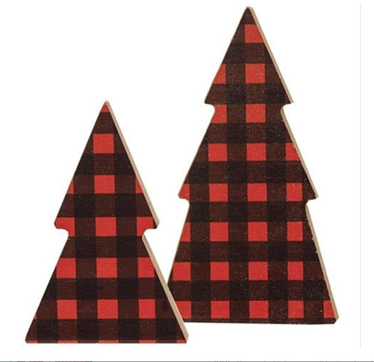 CWI Christmas Decor - SMALL Red Black Buffalo Plaid Wood Trees 2pc Set