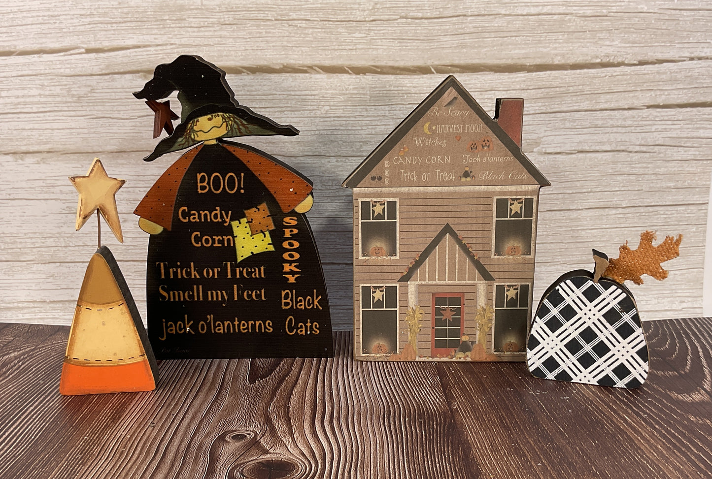 CWI Halloween Decor - Prim Witch House Pumpkin Candy Corn by Pat Issac 4pc Set