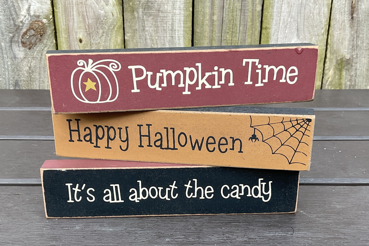 CWI Halloween Decor - Prim Pumpkin Candy Stick Signs & Chunky Pumpkin 6pc Set