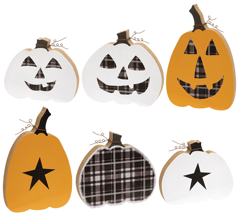 CWI Halloween Decor - Prim Pumpkin Candy Stick Signs & Chunky Pumpkin 6pc Set