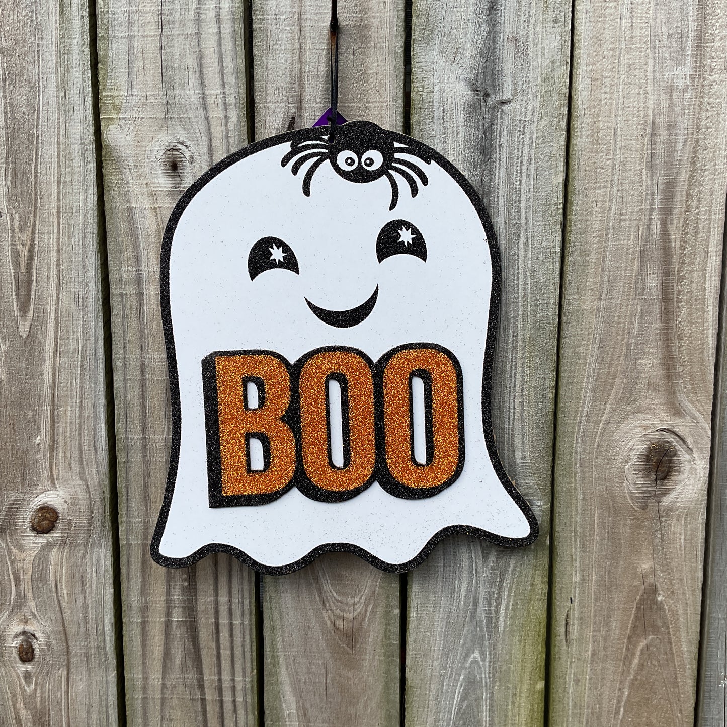 DT Halloween Decor - Boo Orange Glitter White Ghost Chipboard Sign