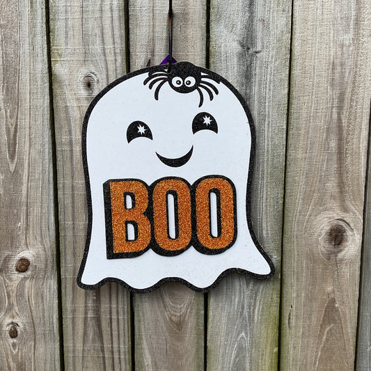 DT Halloween Decor - Boo Orange Glitter White Ghost Chipboard Sign