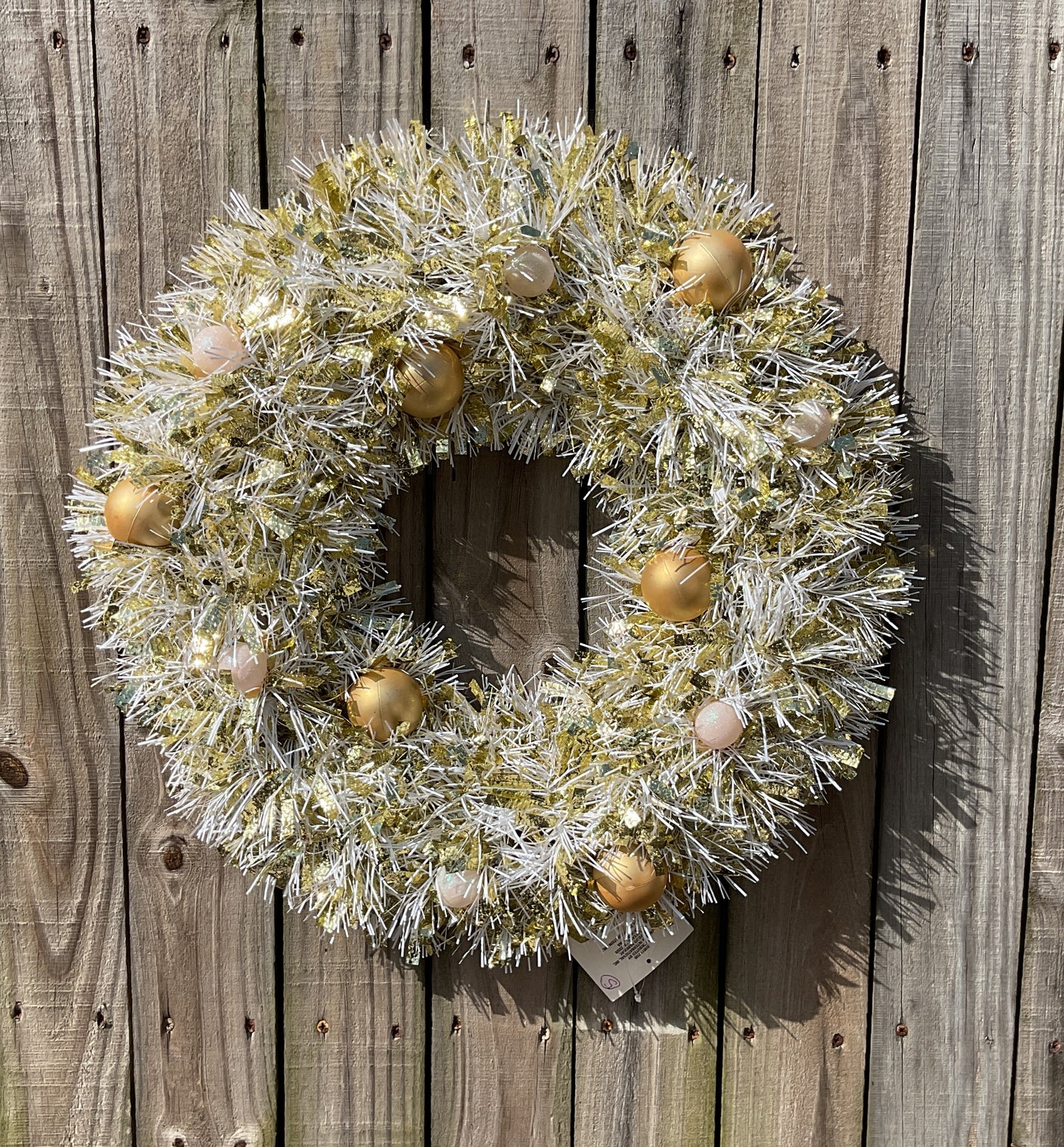 Christmas Decor - Tinsel Gold White Wreath with Mini Bulbs