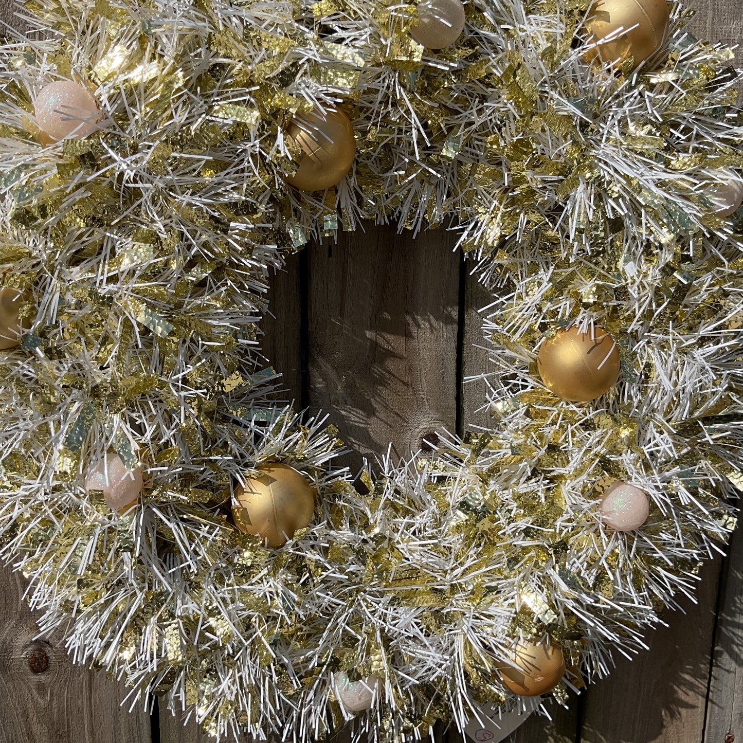 Christmas Decor - Tinsel Gold White Wreath with Mini Bulbs
