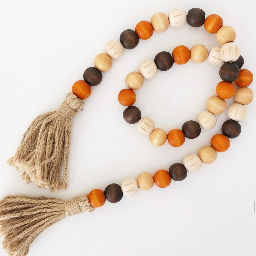 FD Fall Decor - Pumpkin Orange Brown Natural Wood Bead Garland 36-inch