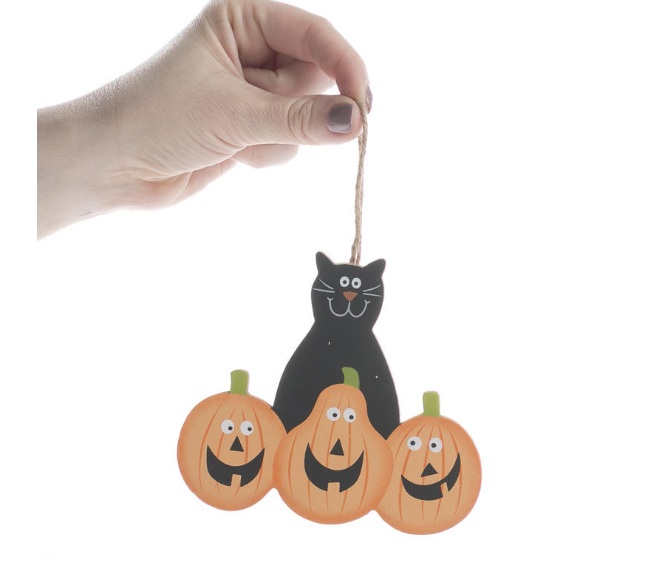FD Halloween Decor - Prim Black Cat Happy Jack-O-Lanterns Ornament