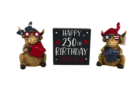Gerson Patriotic Decor - July 4th Resin Highland Cow 250th Birthday Sign 3pc