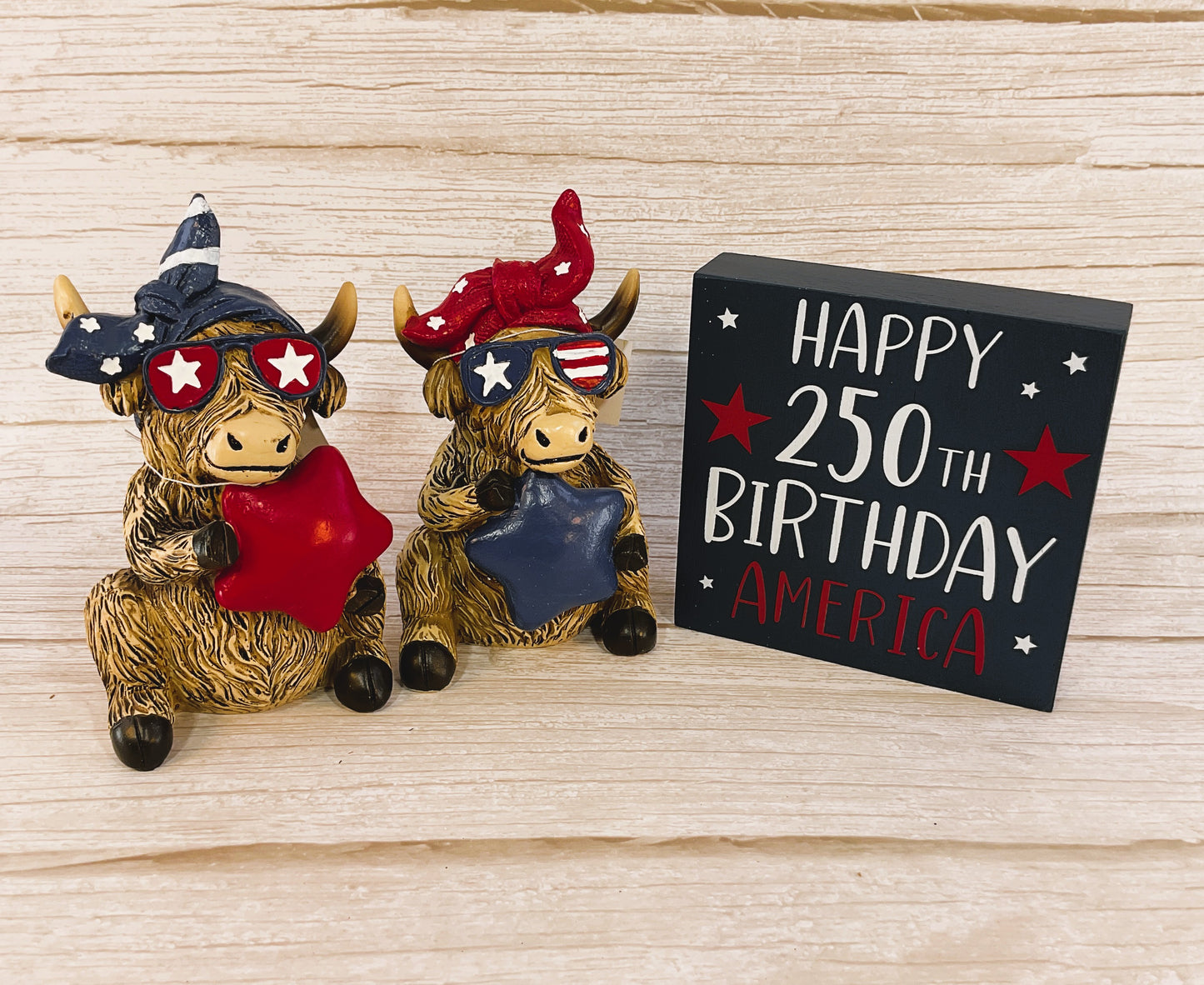 Gerson Patriotic Decor - July 4th Resin Highland Cow 250th Birthday Sign 3pc