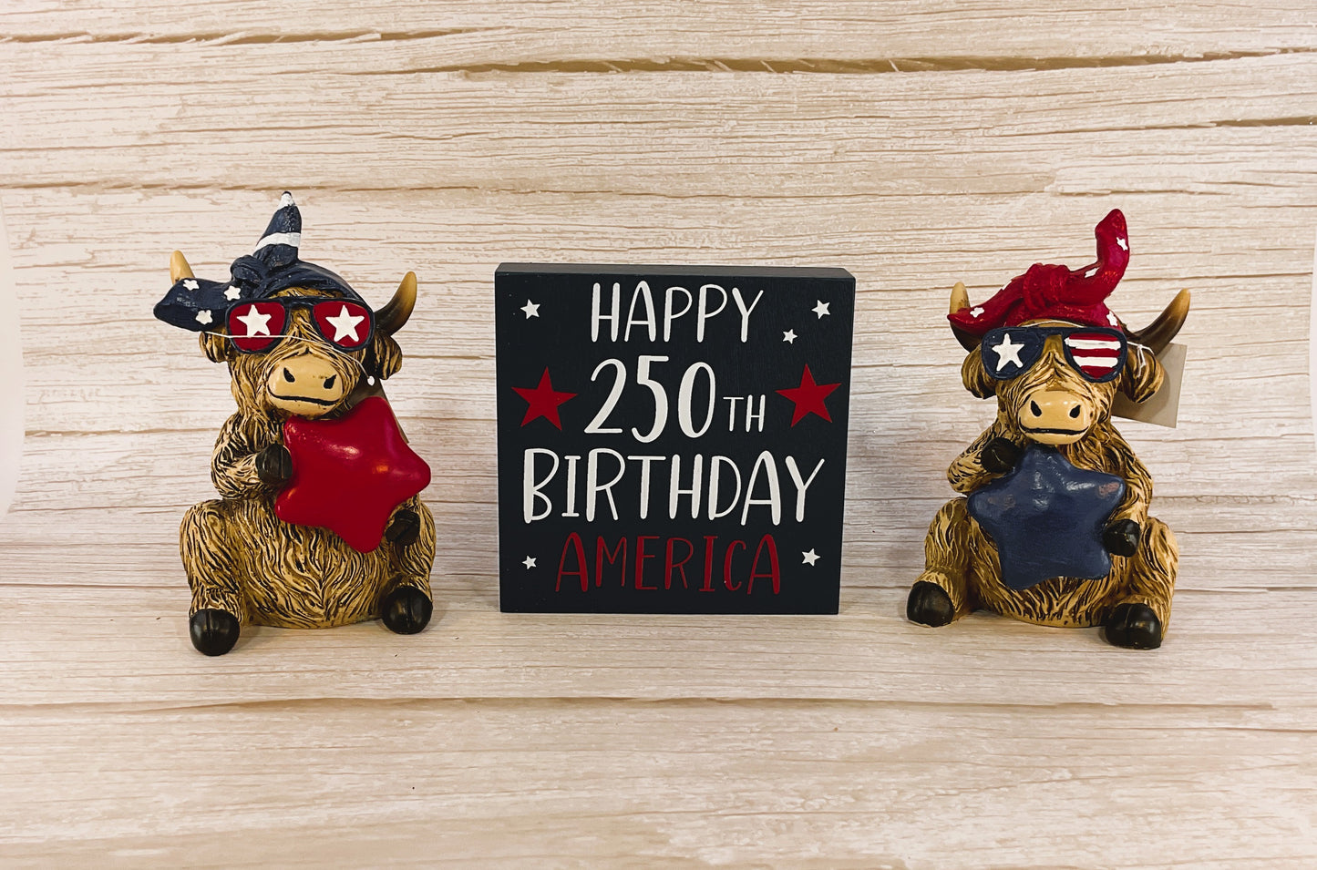 Gerson Patriotic Decor - July 4th Resin Highland Cow 250th Birthday Sign 3pc