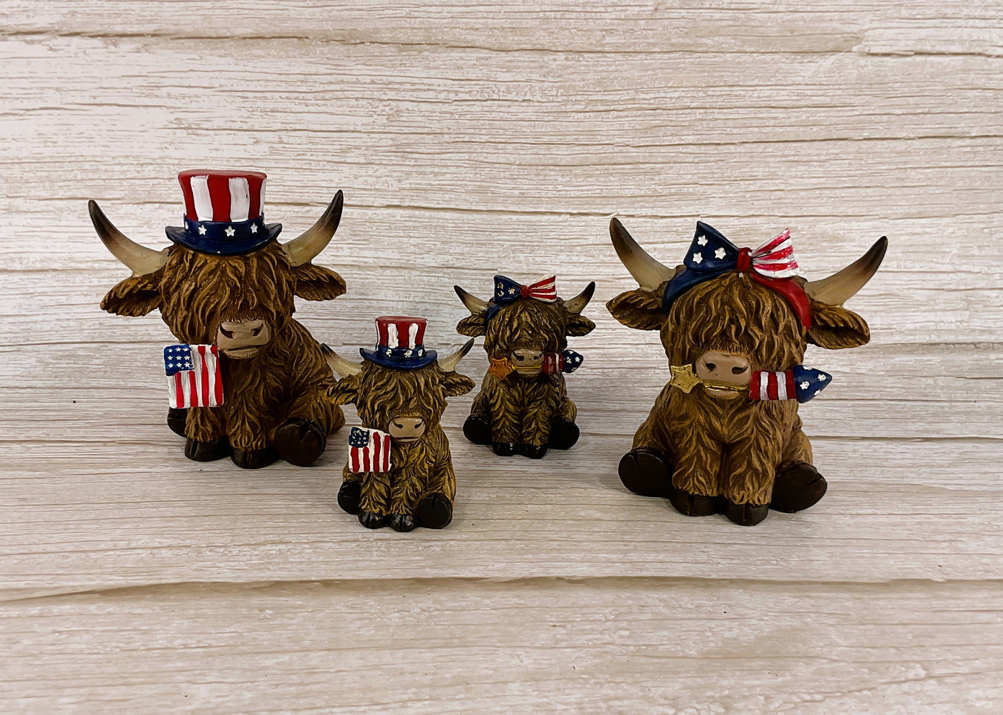 Gerson PBK Patriotic Decor - July 4th Resin Highland Cow Figurines & Galvanized Shelf 5pc