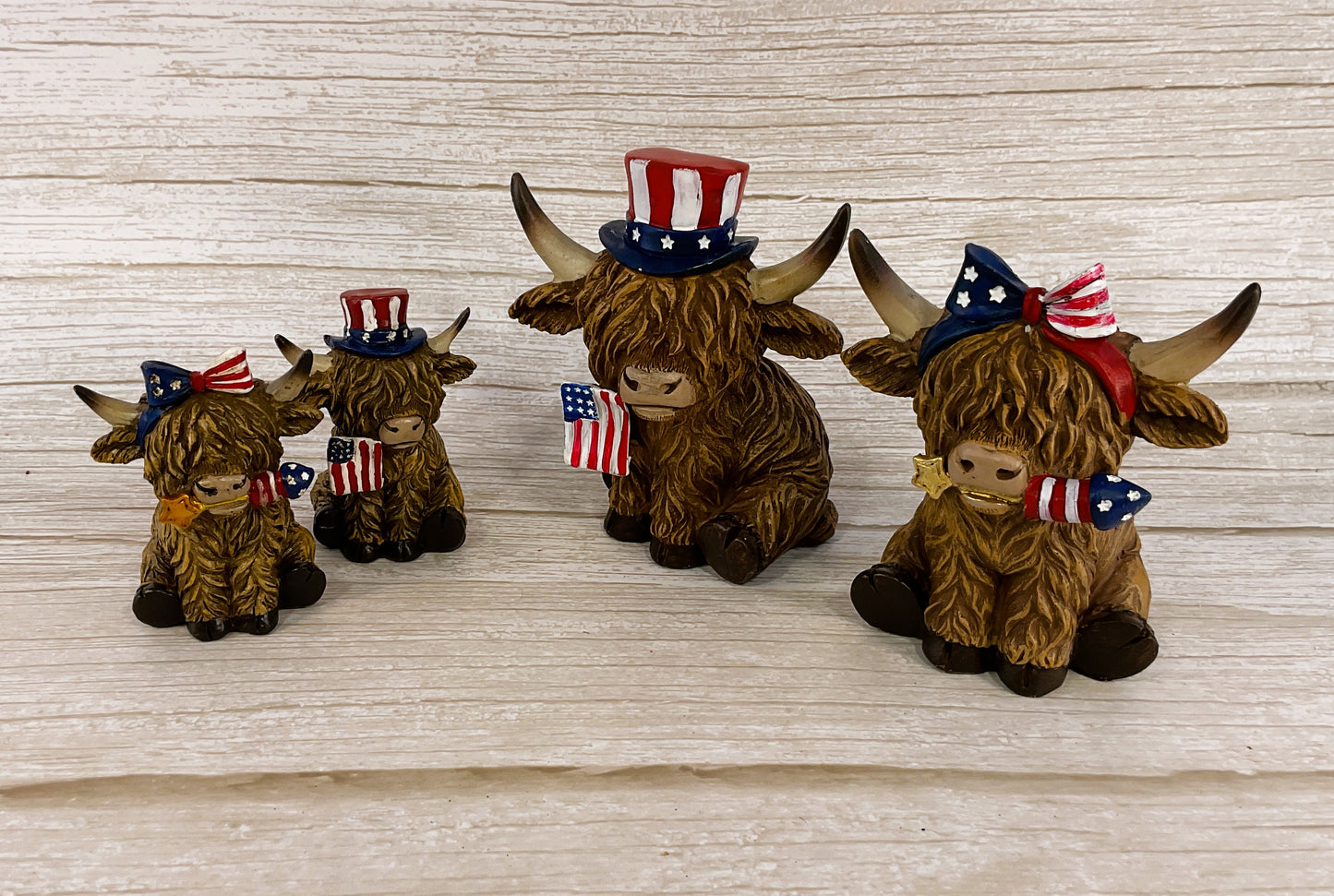 Gerson PBK Patriotic Decor - July 4th Resin Highland Cow Figurines & Galvanized Shelf 5pc