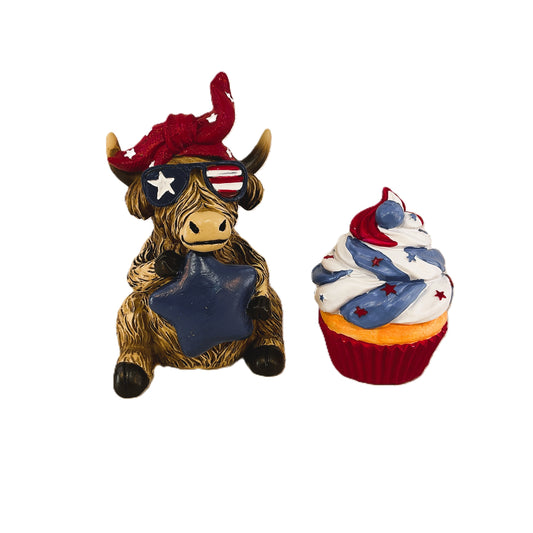 Gerson Patriotic Decor - July 4th Resin Highland Cow & Cupcake 2pc Set