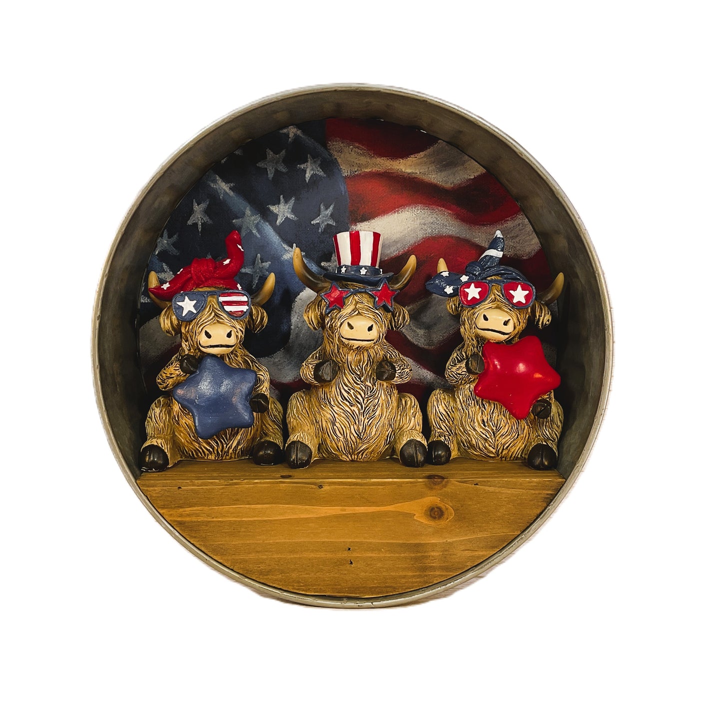 Gerson PBK Patriotic Decor - July 4th Resin Highland Cow Lg Figurines & Galvanized Shelf 4pc