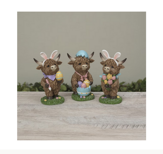 Gerson Easter Decor - Bunny Rabbit Eggs Resin Highland Cow Figurine 3pc