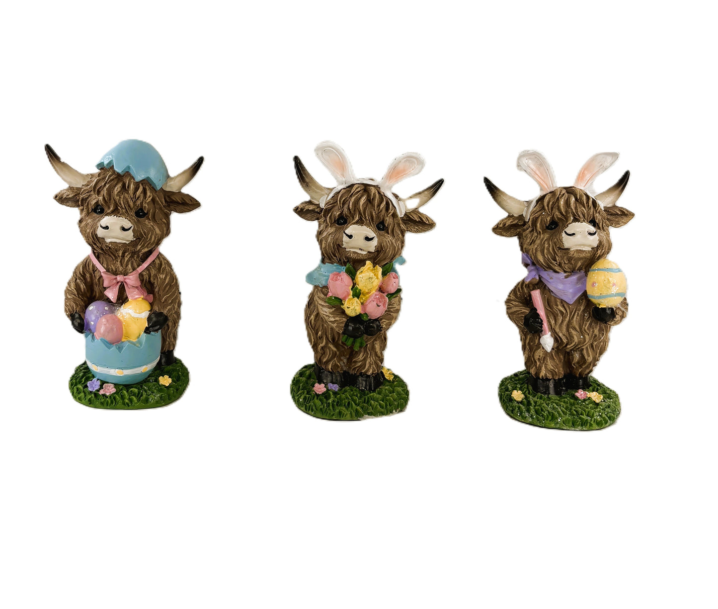 Gerson Easter Decor - Bunny Rabbit Eggs Resin Highland Cow Figurine 3pc