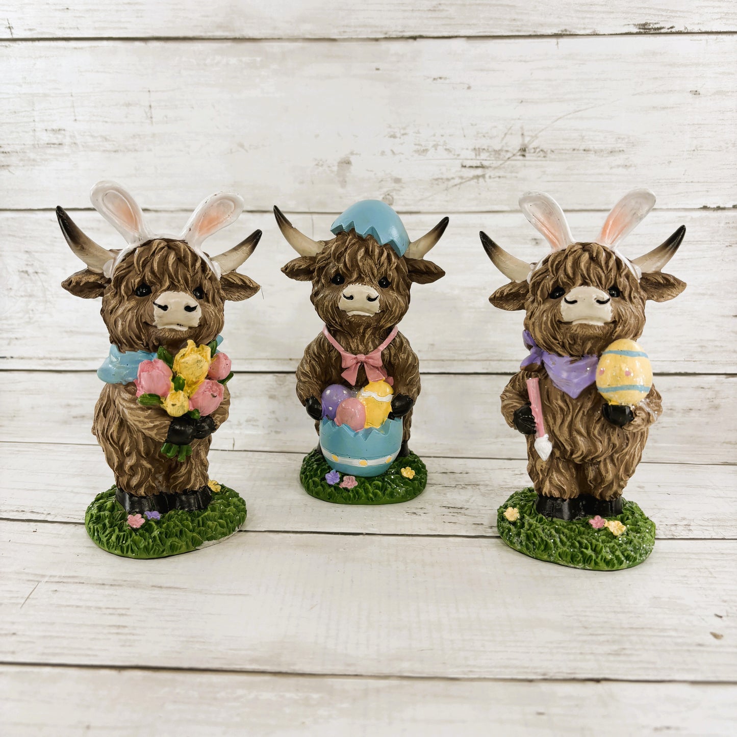 Gerson Easter Decor - Bunny Rabbit Eggs Resin Highland Cow Figurine 3pc