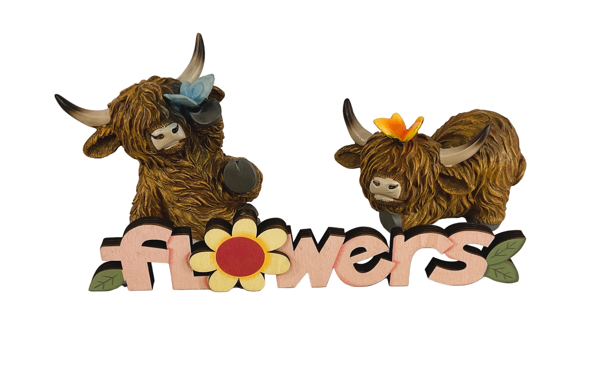 Gerson Spring Decor - Resin Highland Cow With Butterfly 3pc Set