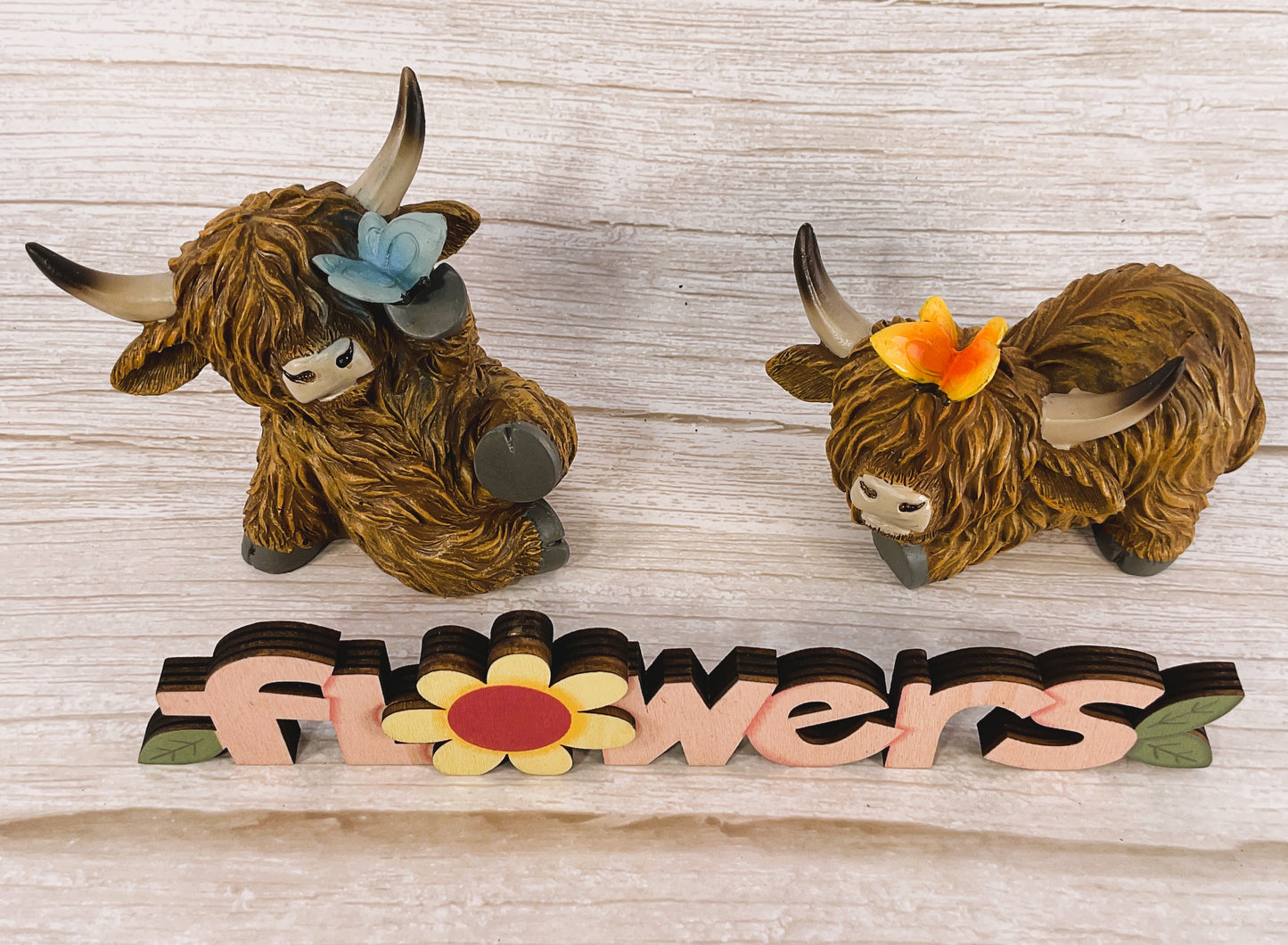 Gerson Spring Decor - Resin Highland Cow With Butterfly 3pc Set