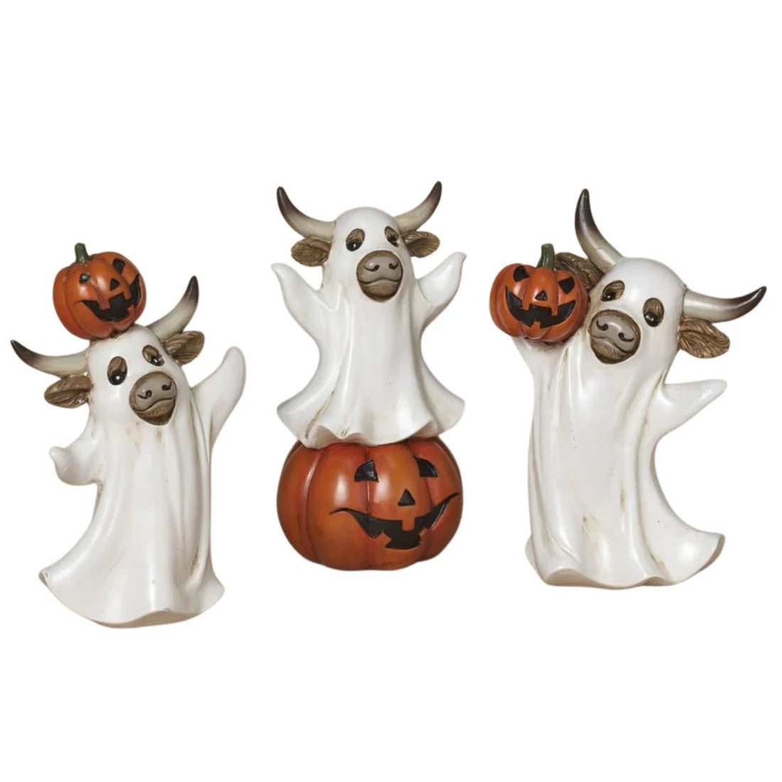 Gerson Halloween Decor - Ghost with Pumpkin Highland Cow Figurines 3pc