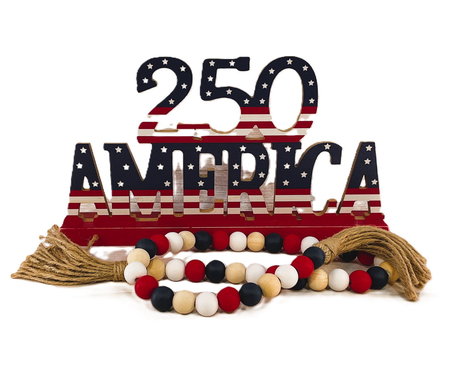 America July 4th Sign & Wood Bead Garland 2-Piece Set – Patriotic Decor