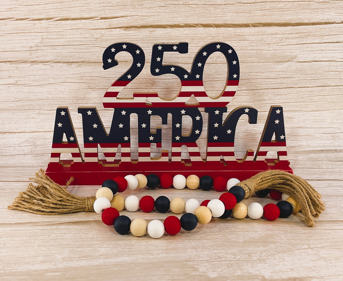America July 4th Sign & Wood Bead Garland 2-Piece Set – Patriotic Decor