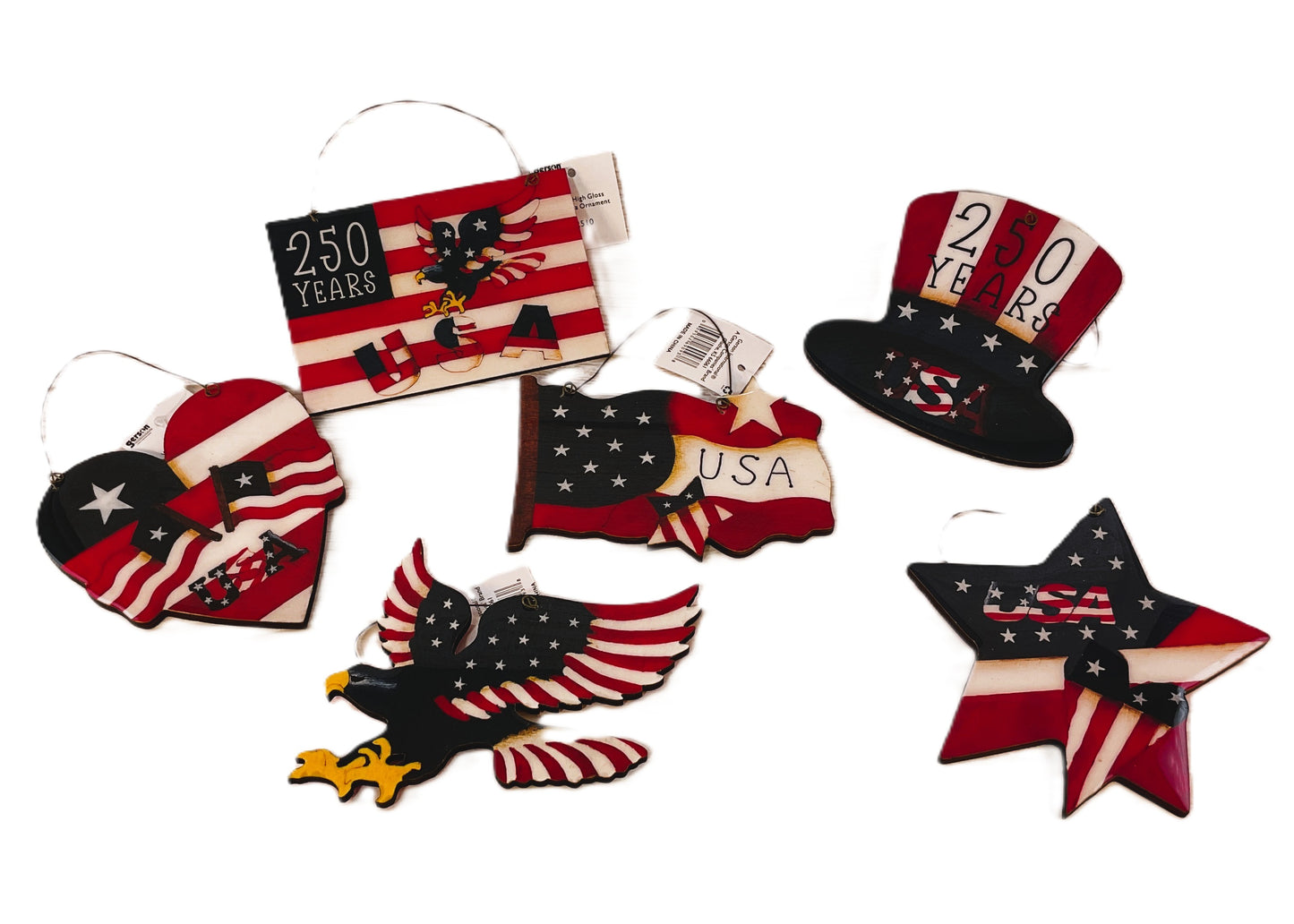 Gerson Patriotic Decor - July 4th 250th Wood Ornaments Gloss Finish 6pc Set
