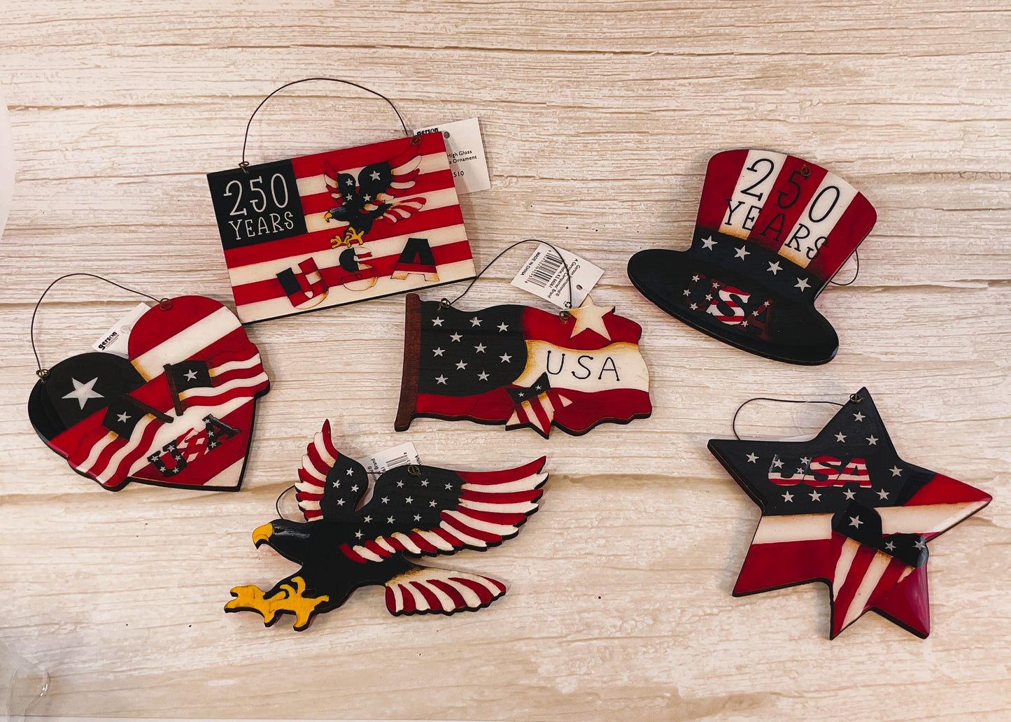 Gerson Patriotic Decor - July 4th 250th Wood Ornaments Gloss Finish 6pc Set