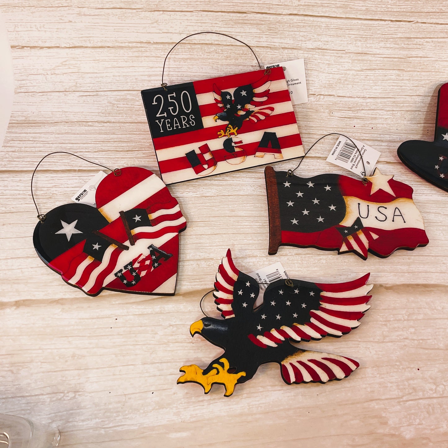 Gerson Patriotic Decor - July 4th 250th Wood Ornaments Gloss Finish 6pc Set