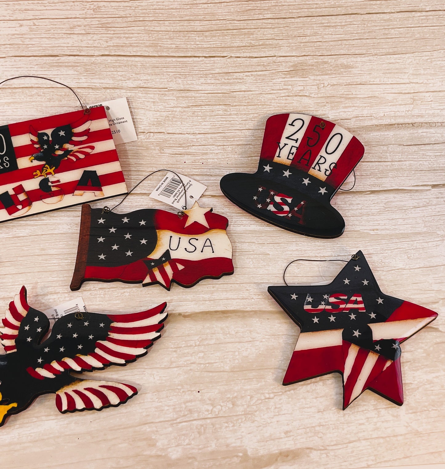 Gerson Patriotic Decor - July 4th 250th Wood Ornaments Gloss Finish 6pc Set
