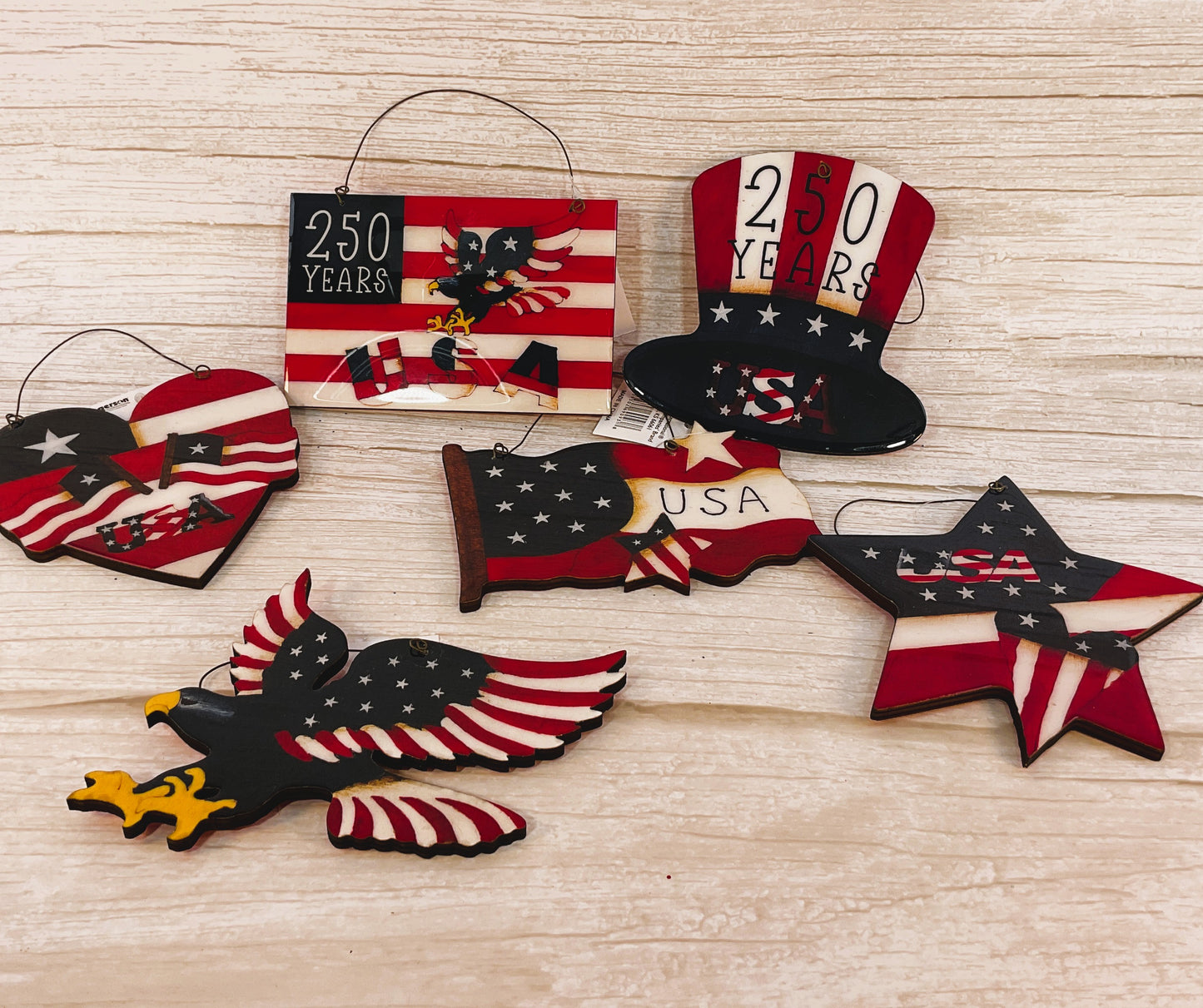 Gerson Patriotic Decor - July 4th 250th Wood Ornaments Gloss Finish 6pc Set
