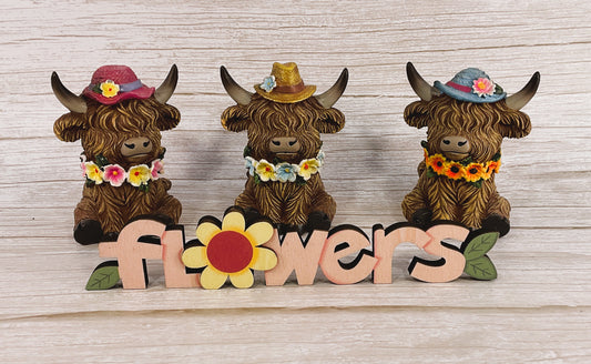 Gerson Spring Decor - Resin Highland Cow Flowers & Hats Figurine 4pc Set
