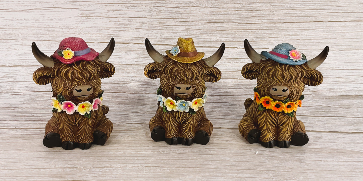 Gerson Spring Decor - Resin Highland Cow Flowers & Hats Figurine 4pc Set