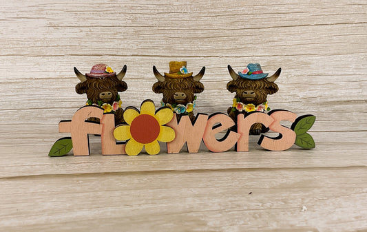 Gerson Spring Decor - Resin Highland Cow Flower Hats Figurines 4pc Set