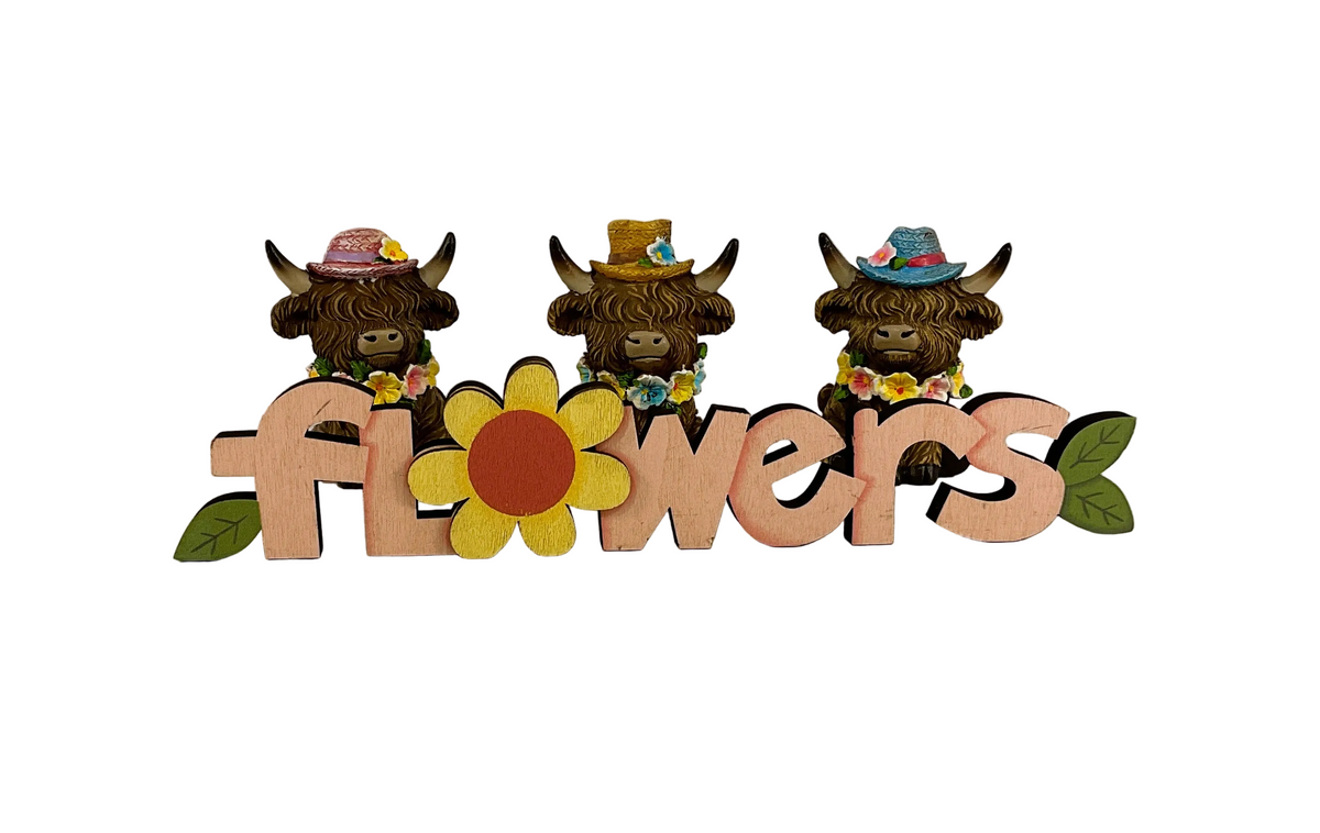Gerson Spring Decor - Resin Highland Cow Flower Hats Figurines 4pc Set