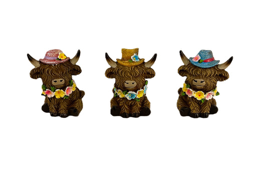 Gerson Spring Decor - Resin Highland Cow Flower Hats Figurines 4pc Set
