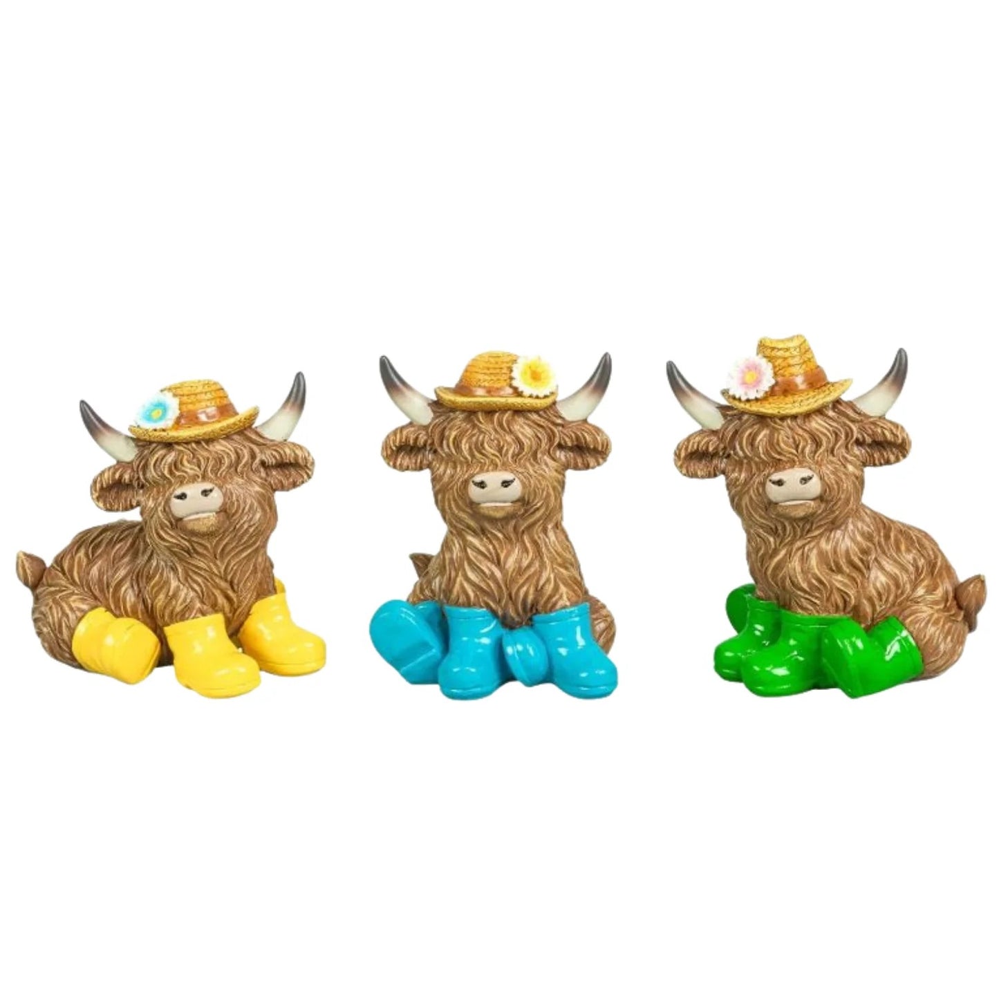 Gerson Spring Decor - Resin Highland Cow Rainboots Figurines 4pc Set