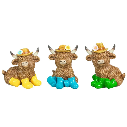 Gerson Spring Decor - Resin Highland Cow Rainboots Figurines 4pc Set