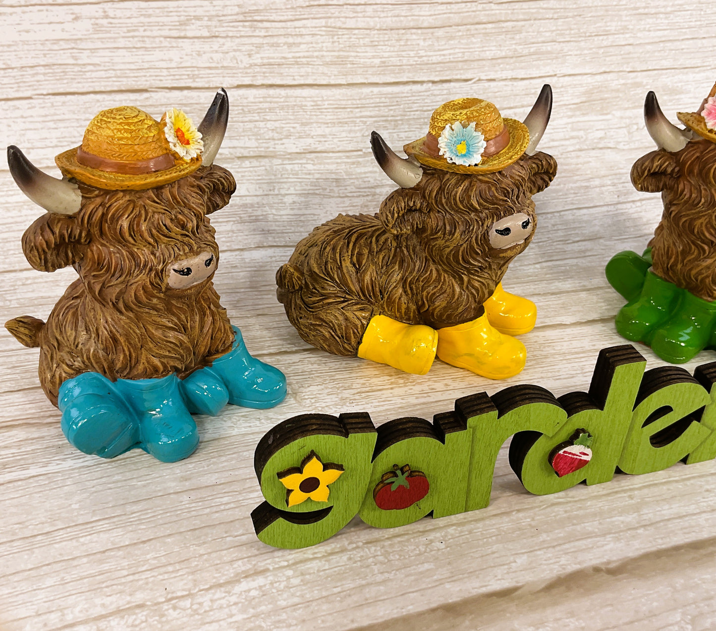 Gerson Spring Decor - Resin Highland Cow Rainboots Figurines 4pc Set