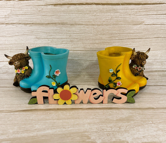 Gerson Spring Decor - Resin Highland Cow Rainboots Figurine 2pc Set