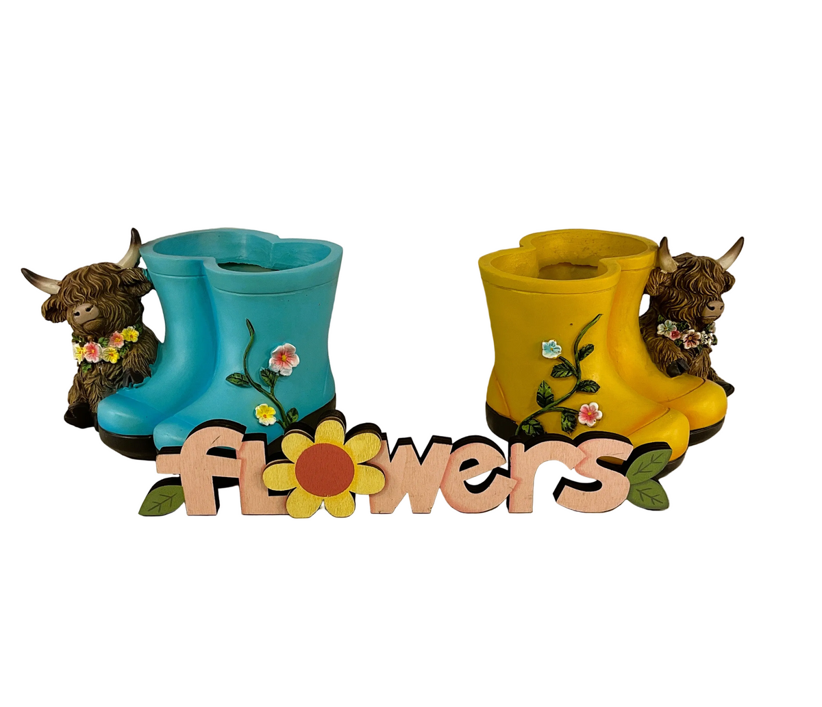 Gerson Spring Decor - Resin Highland Cow Rainboots Figurine 2pc Set