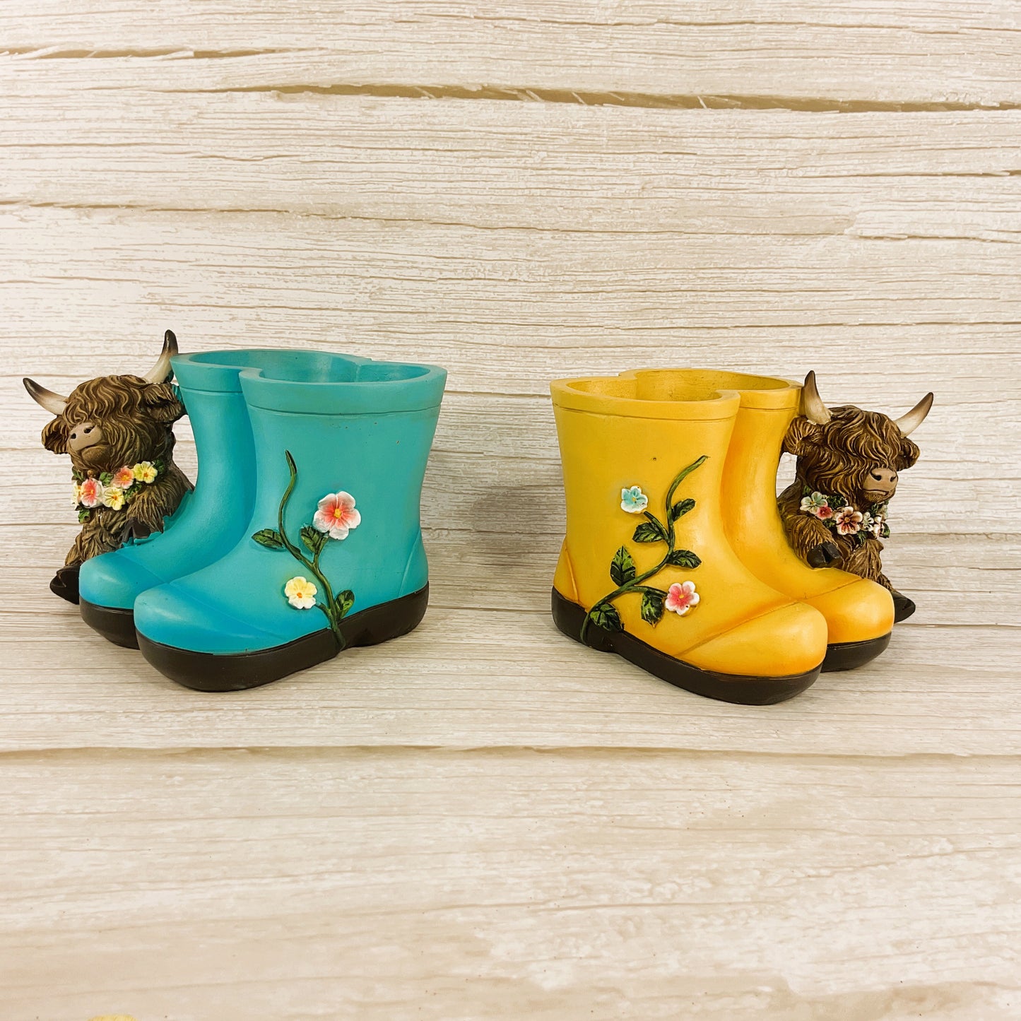 Gerson Spring Decor - Resin Highland Cow Rainboots Figurine 2pc Set