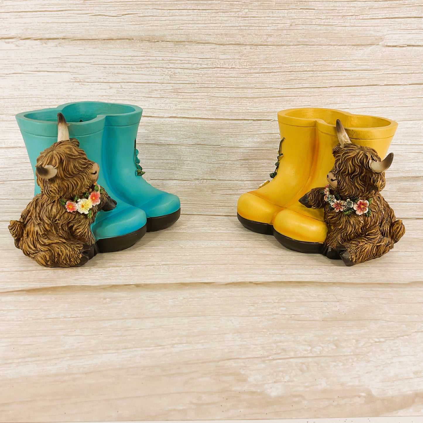 Gerson Spring Decor - Resin Highland Cow Rainboots Figurine 2pc Set