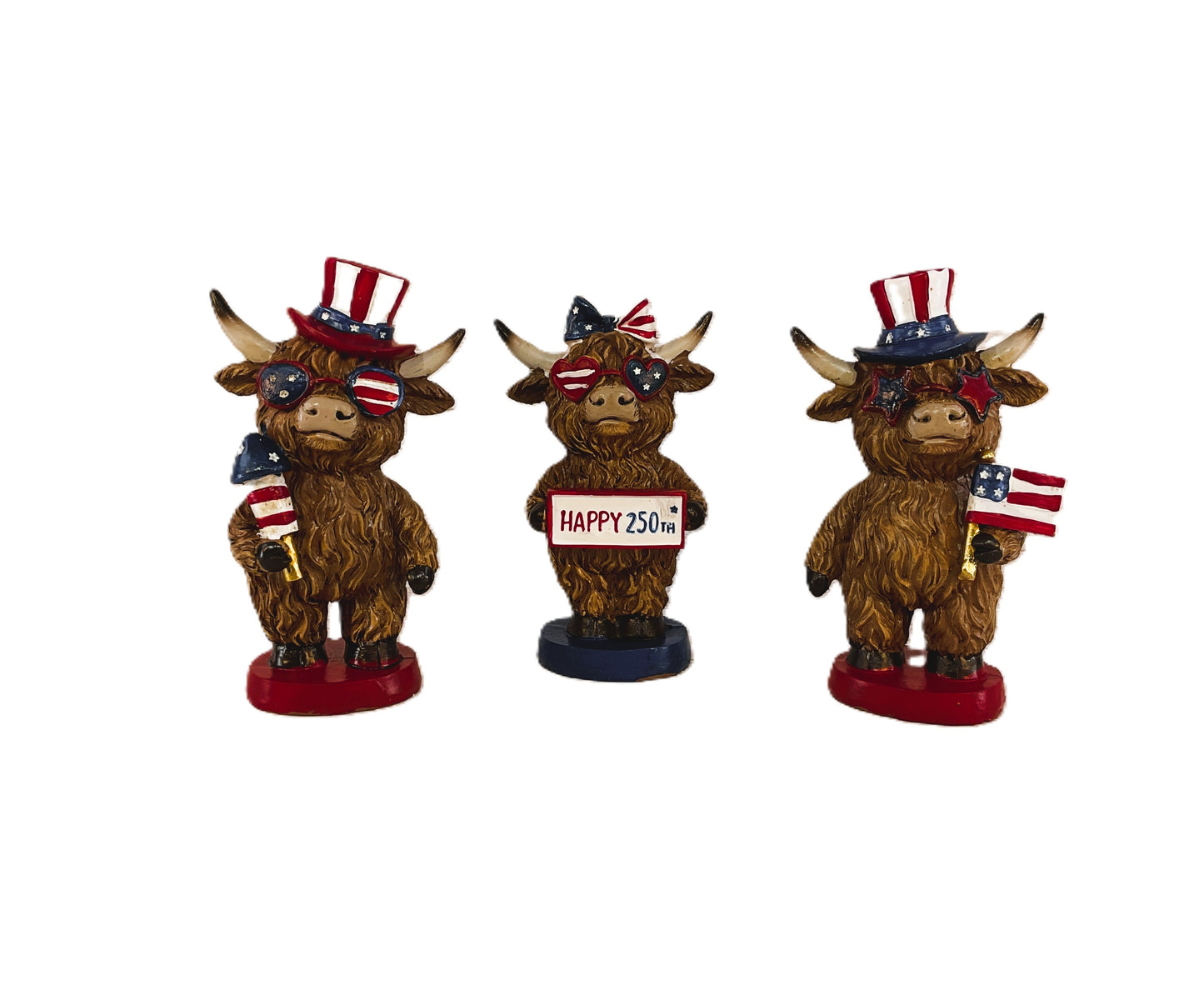 Patriotic July 4th 250th Highland Cow 3-Piece Figurine Set | Gerson