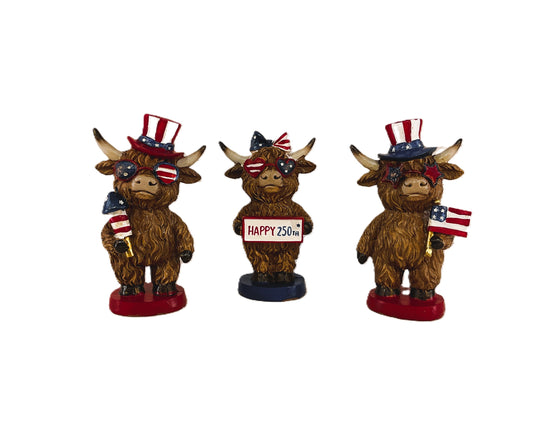 Patriotic July 4th 250th Highland Cow 3-Piece Figurine Set | Gerson