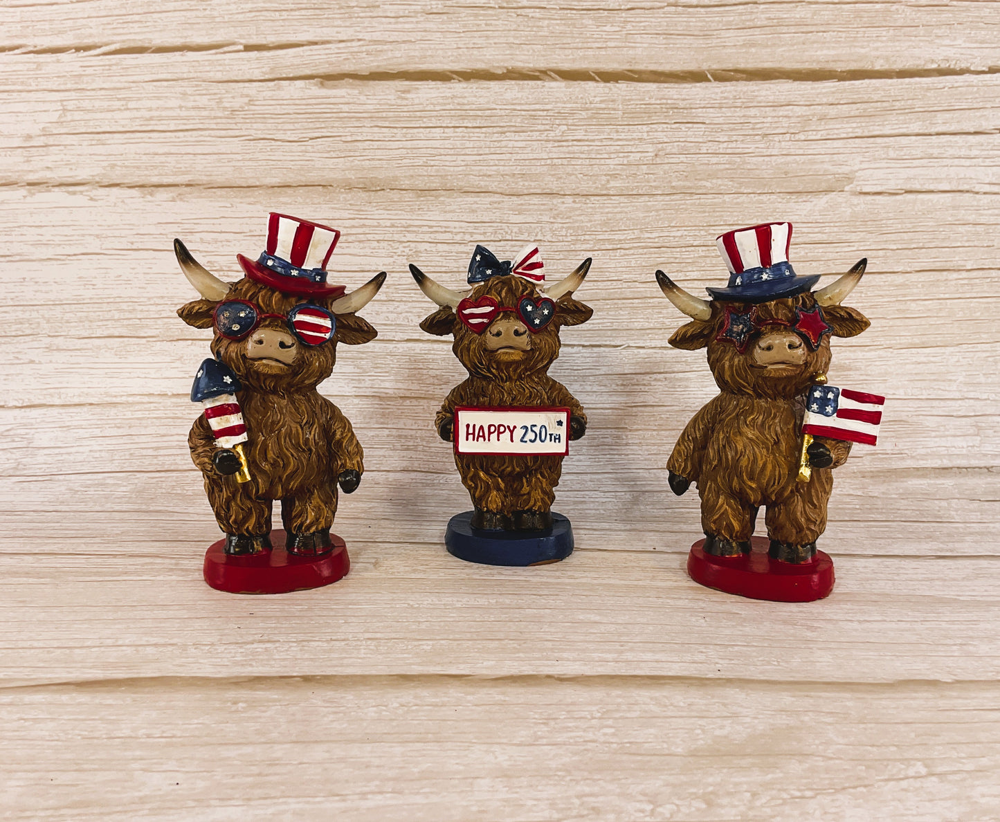 Patriotic July 4th 250th Highland Cow 3-Piece Figurine Set | Gerson