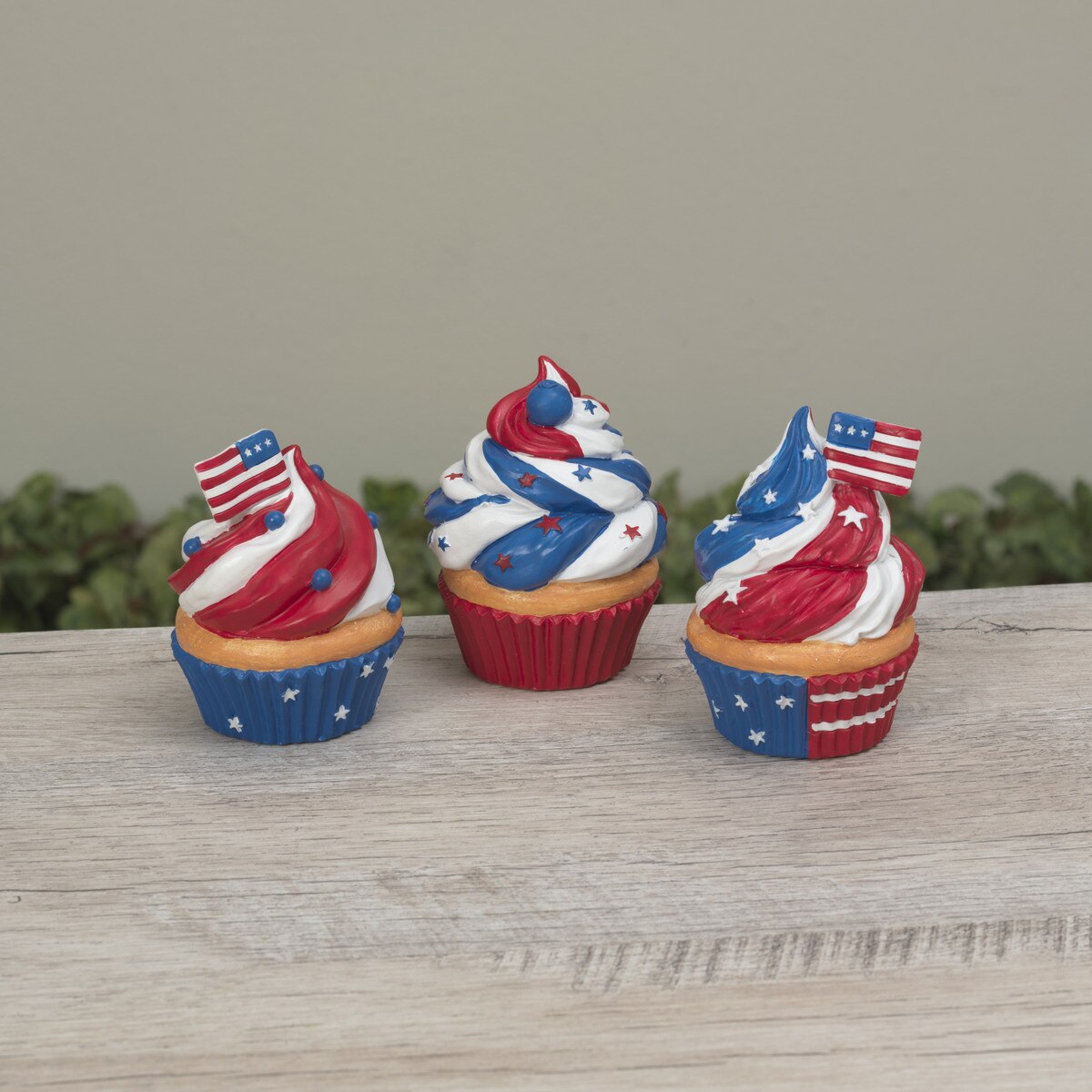 July 4th Patriotic Birthday Cupcake Resin Figurine 3-Piece Set