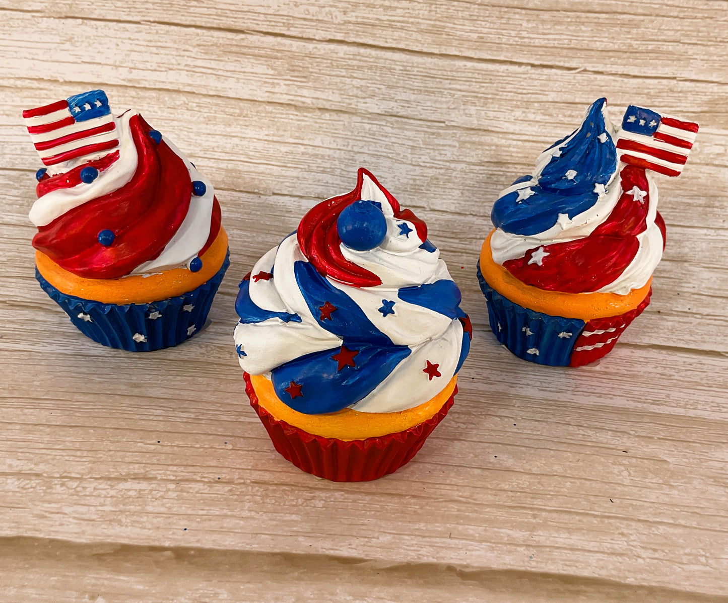 July 4th Patriotic Birthday Cupcake Resin Figurine 3-Piece Set