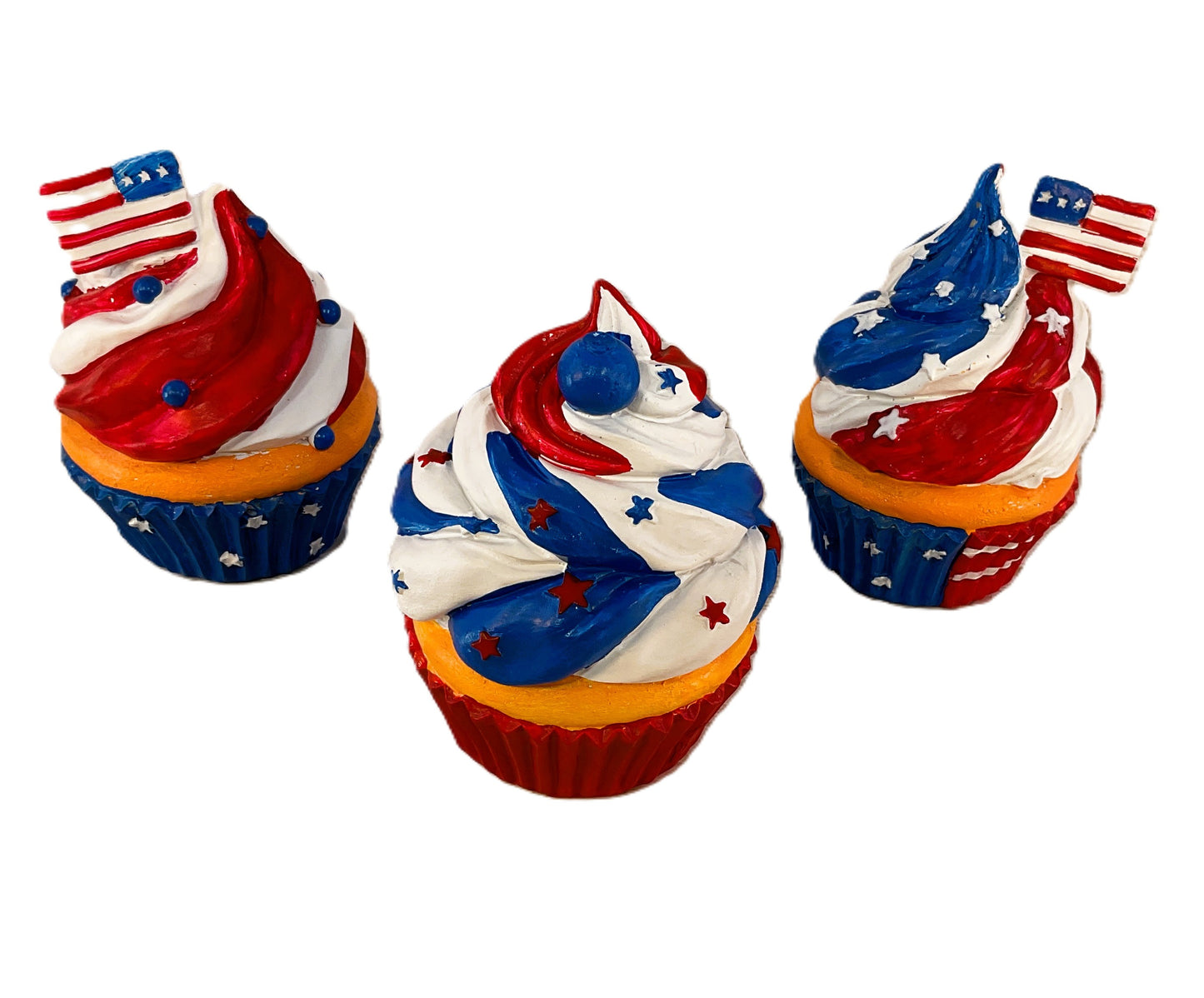 July 4th Patriotic Birthday Cupcake Resin Figurine 3-Piece Set